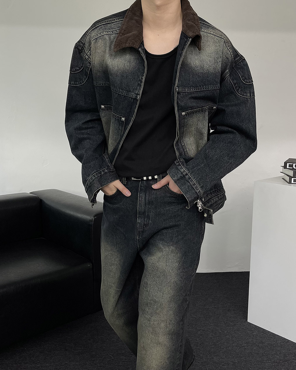 남자 배색 데님 자켓