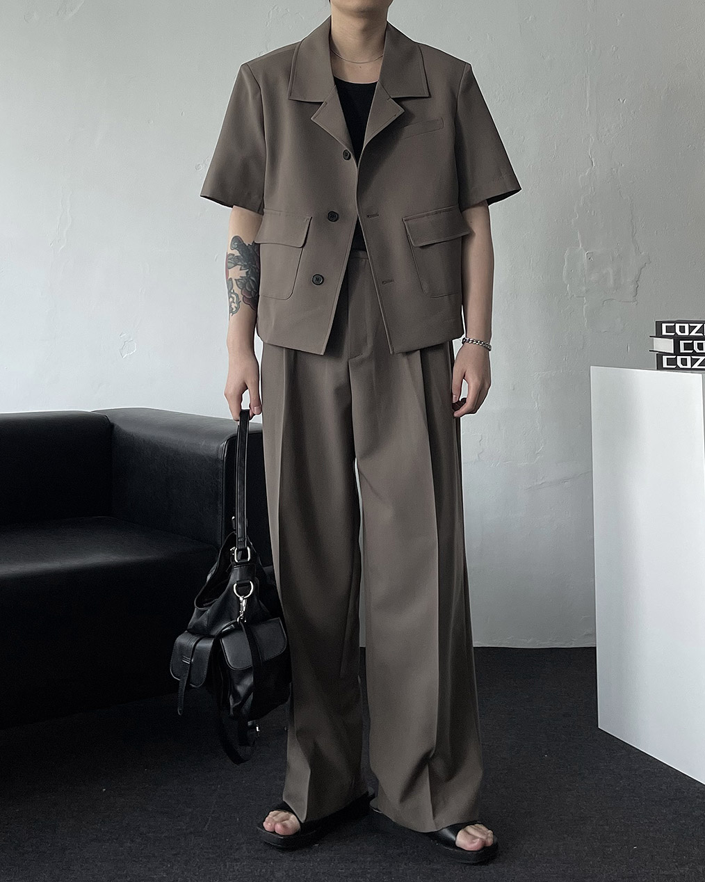 남자 오버핏 크롭 반팔 자켓