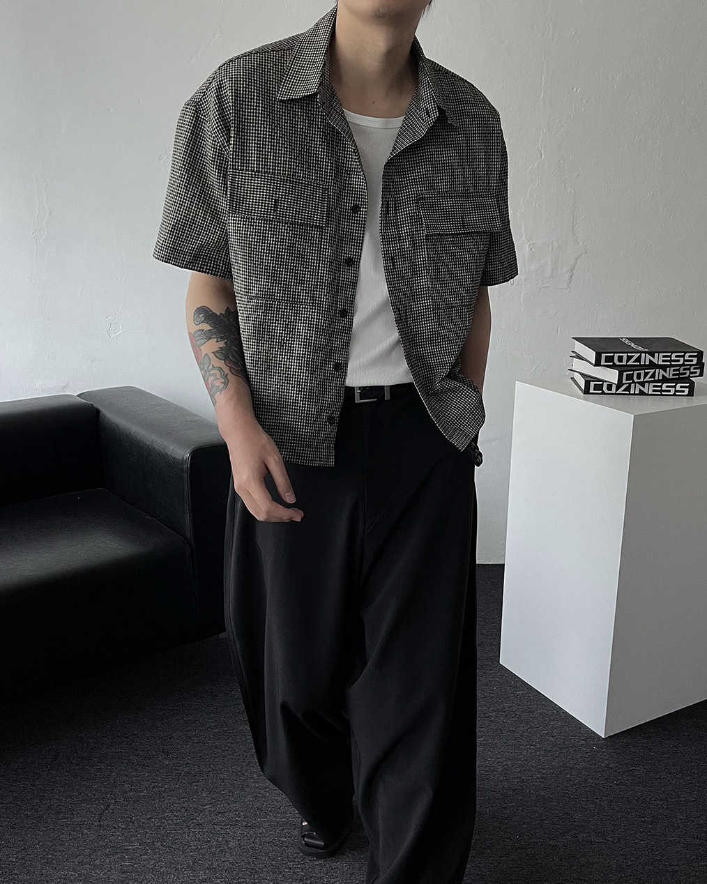 남자 체크 크롭 반팔 셔츠