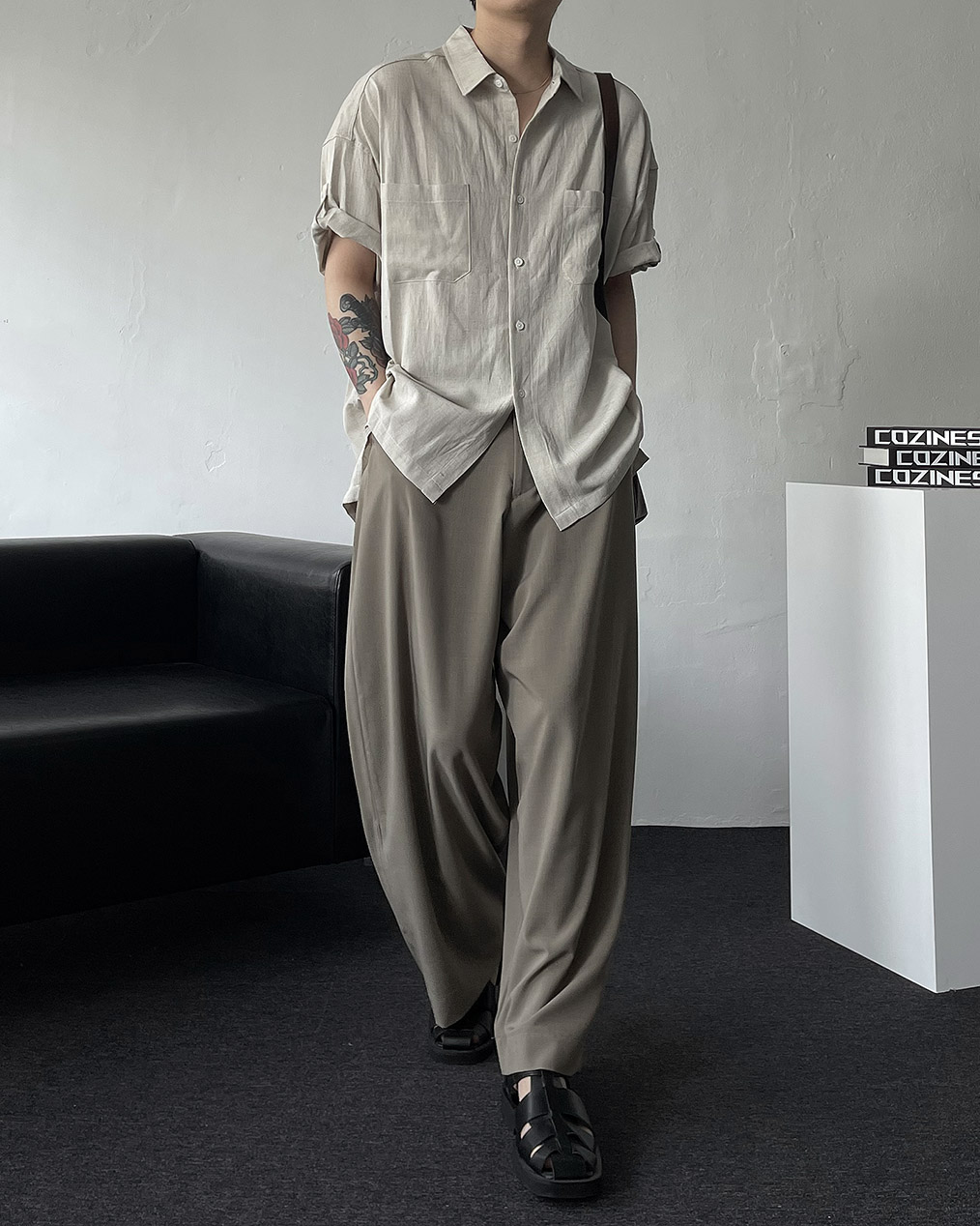 남자 린넨 롤업 반팔 셔츠