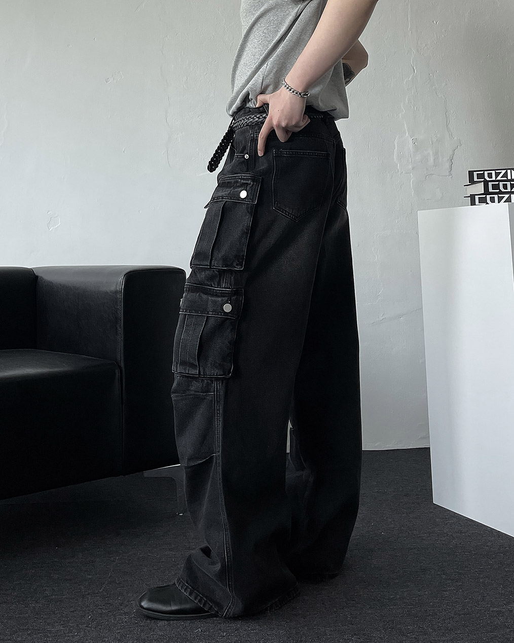 남자 카고 와이드 데님 팬츠