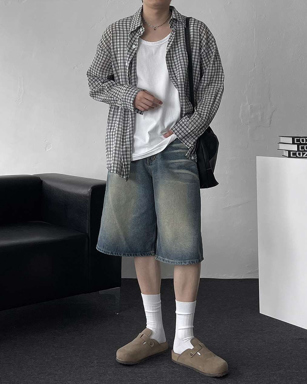 남자 오버핏 체크 셔츠