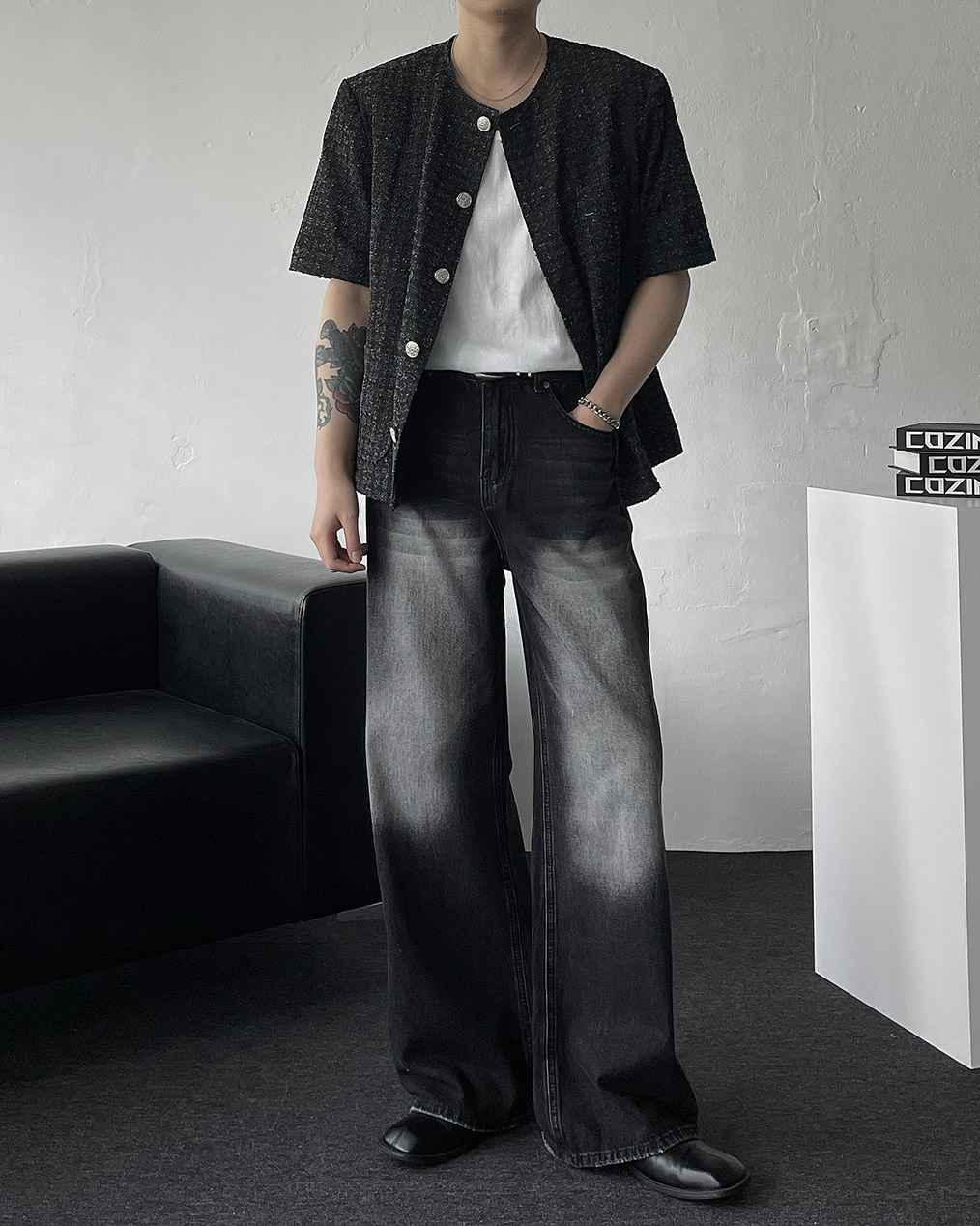 남자 노카라 오버핏 트위드 자켓