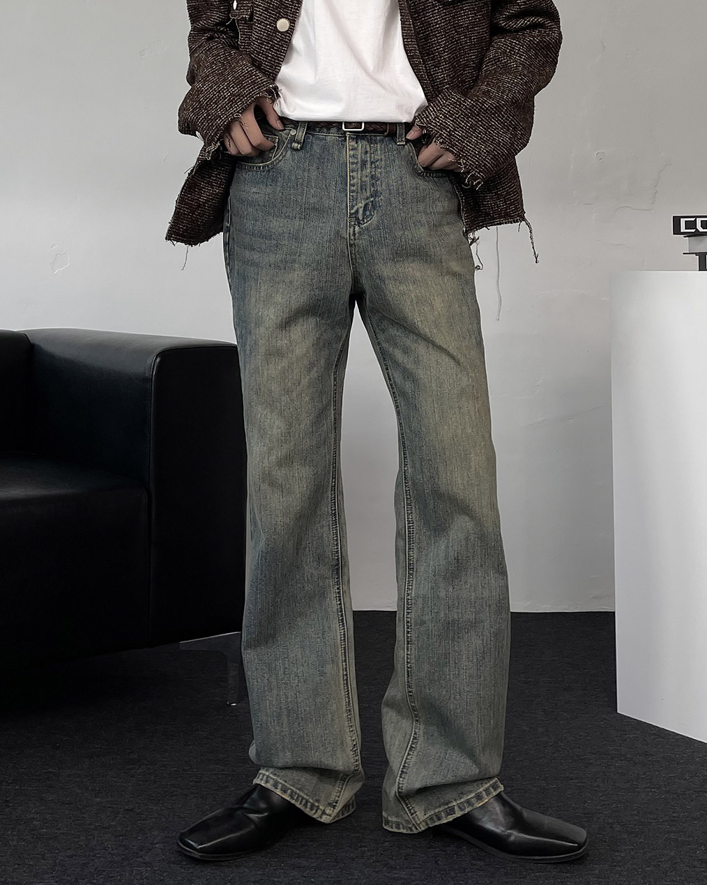 남자 롱 세미 와이드 부츠컷 데님
