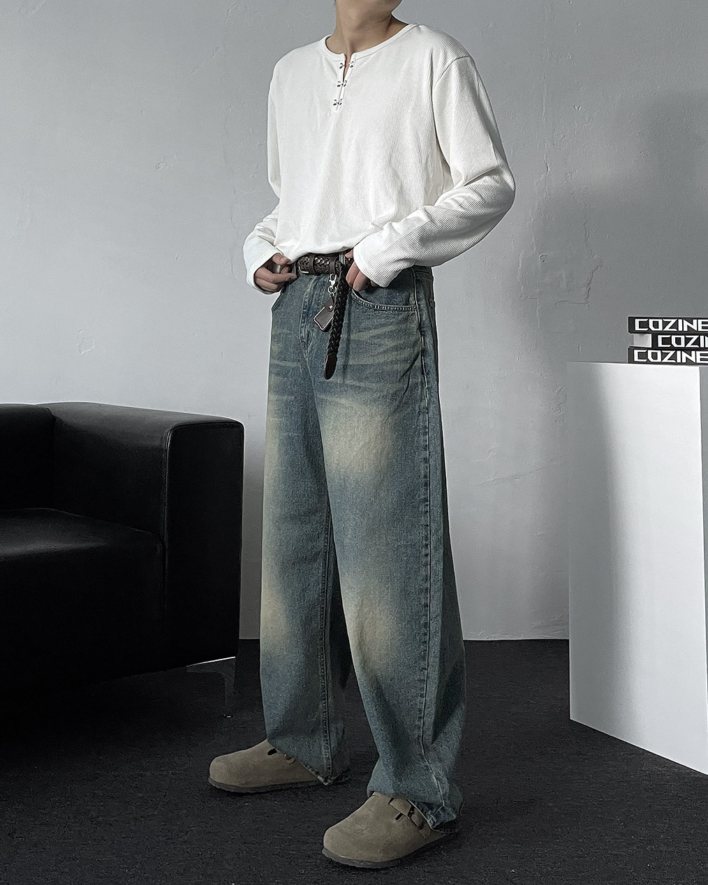 남자 포인트 헨리넥 긴팔 티셔츠