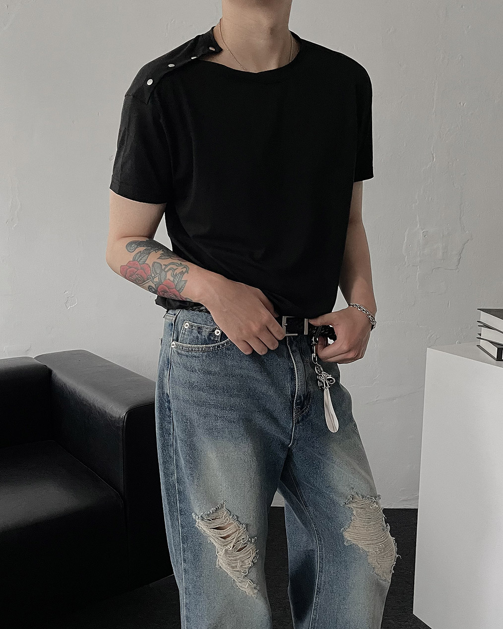 남자 머슬핏 스냅 반팔 티셔츠