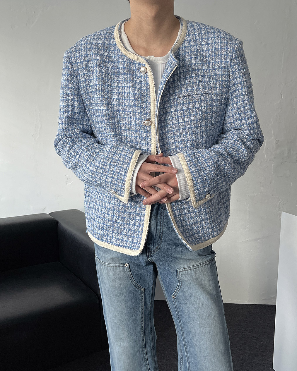 남자 노카라 라운드 트위드 자켓