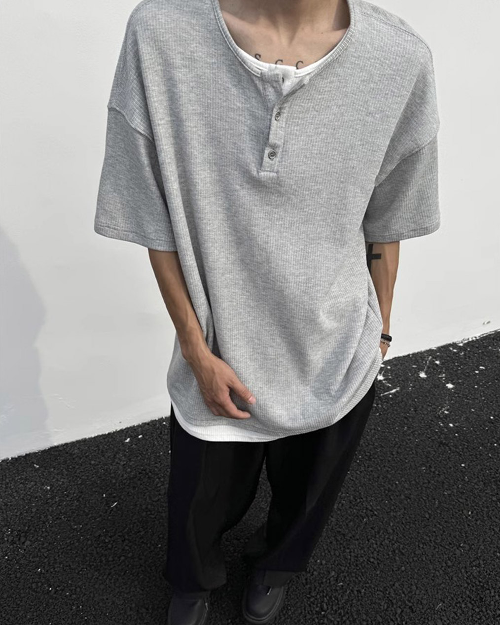 남자 레이어드 골지 반팔 티셔츠