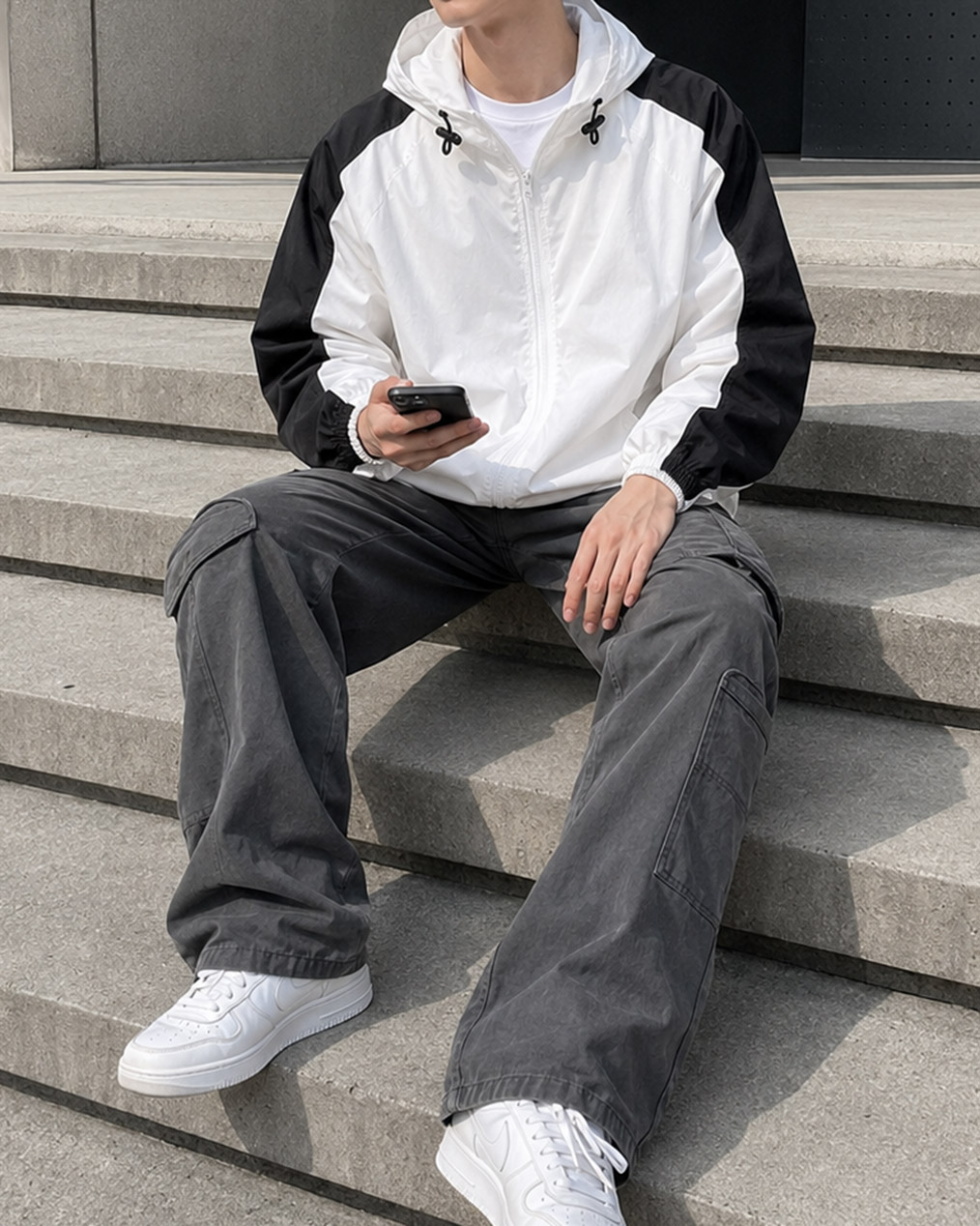 [Unisex] 원라인 후드 배색 바람막이 (2 colors)