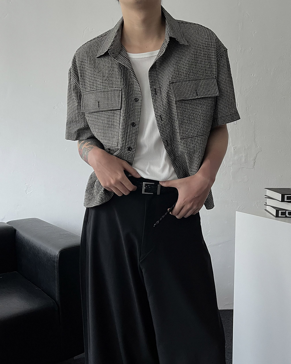 남자 오버핏 크롭 체크 셔츠