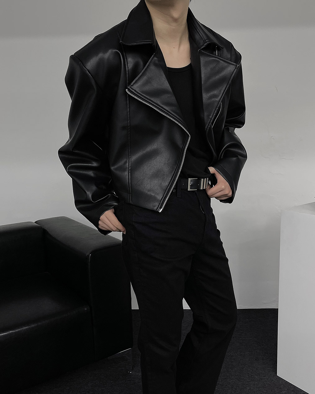 남자 가죽 크롭 자켓