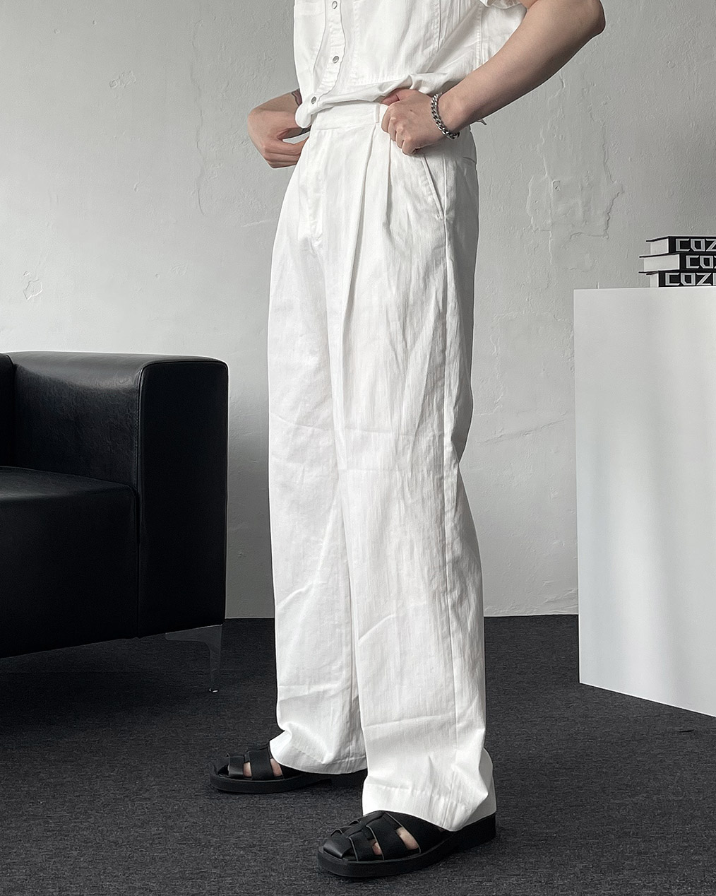 남자 투턱 밴딩 와이드 팬츠