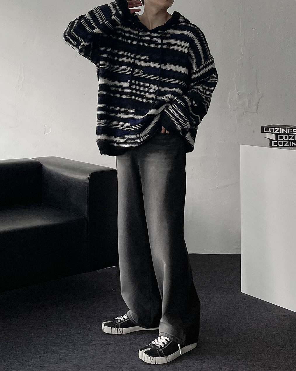 커플 단가라 후드 니트