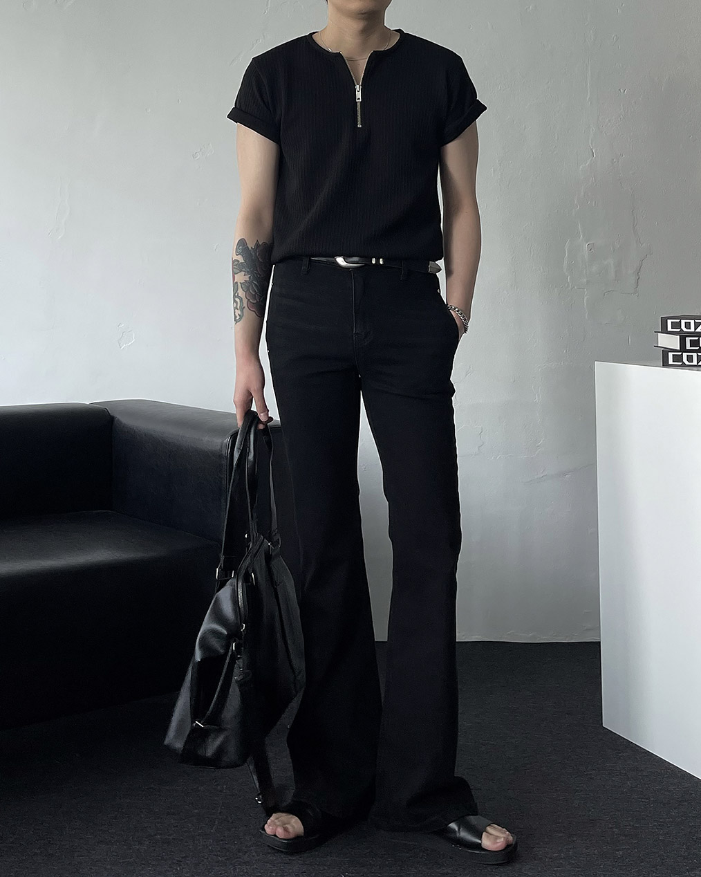 남자 니트 골지 반팔 티셔츠