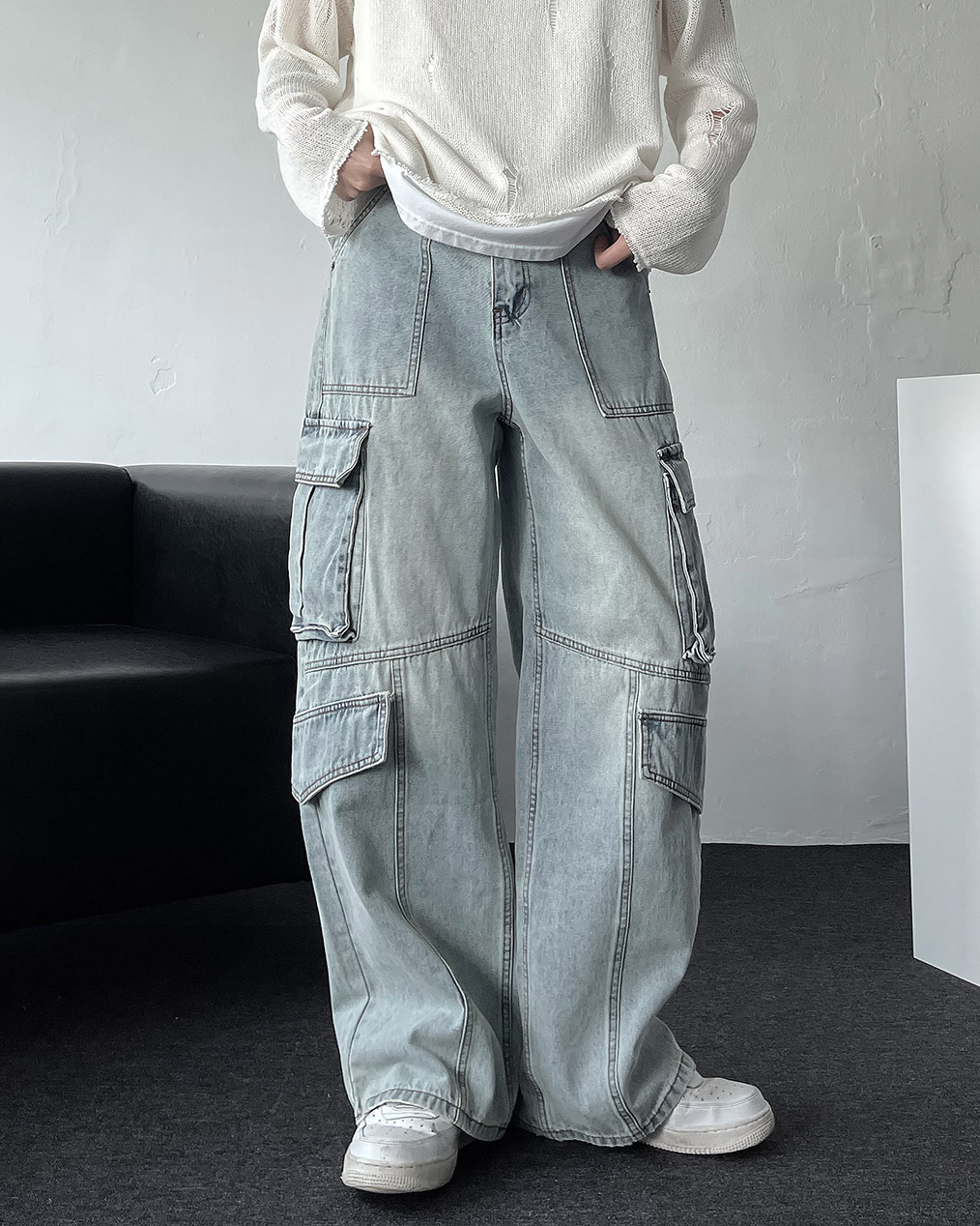 남자 여름 카고 와이드 데님 팬츠