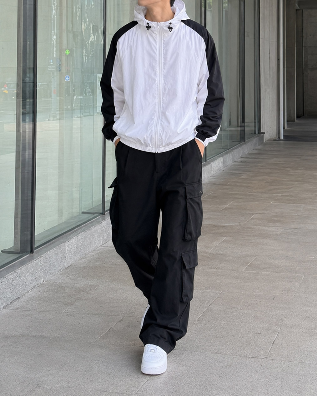 [Unisex] 원라인 후드 배색 바람막이 (2 colors)