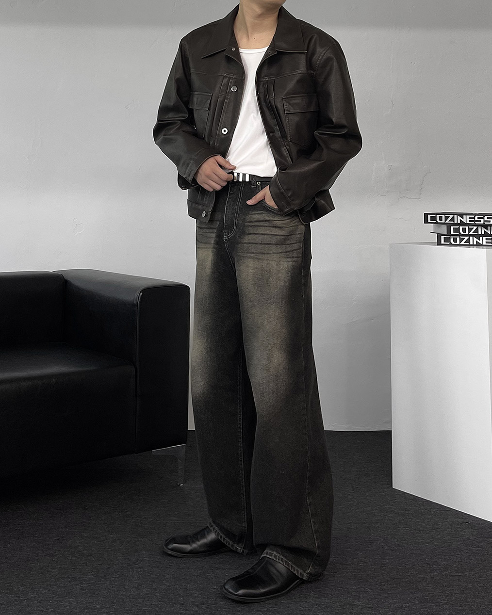 남자 가죽 크롭 자켓