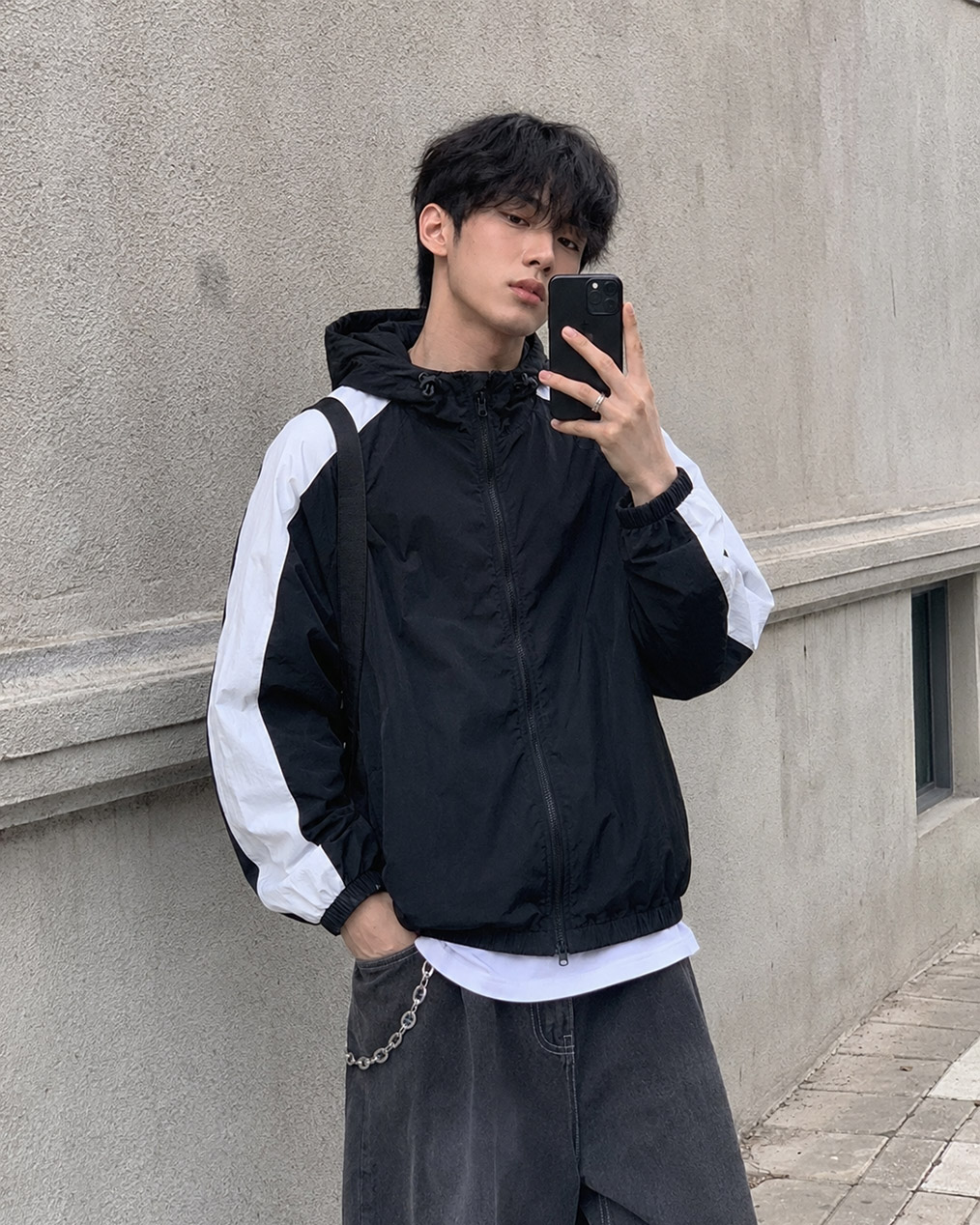 [Unisex] 원라인 후드 배색 바람막이 (2 colors)
