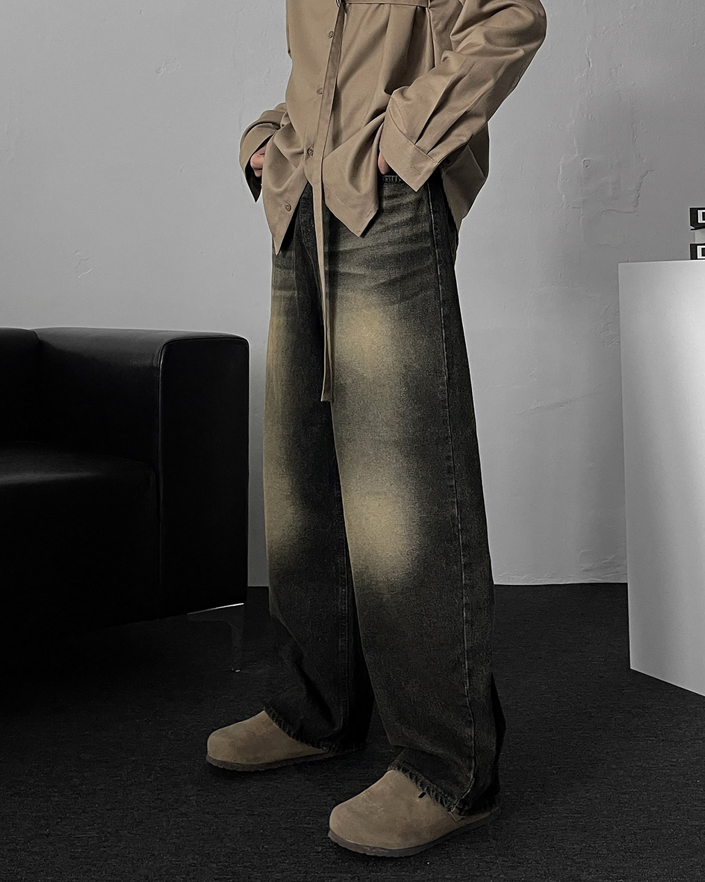 남자 커브드 와이드 데님 팬츠