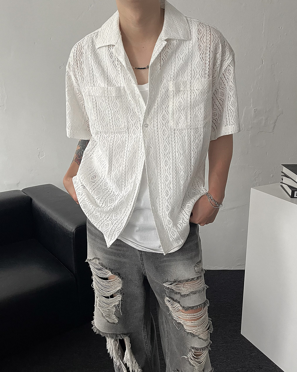 남자 오픈카라 레이스 반팔 셔츠