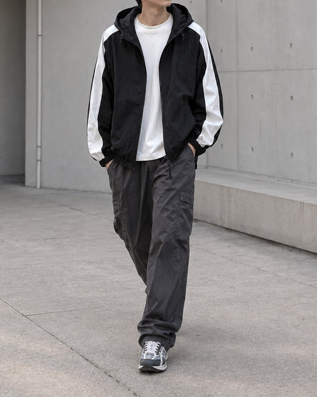 [Unisex] 원라인 후드 배색 바람막이 (2 colors)