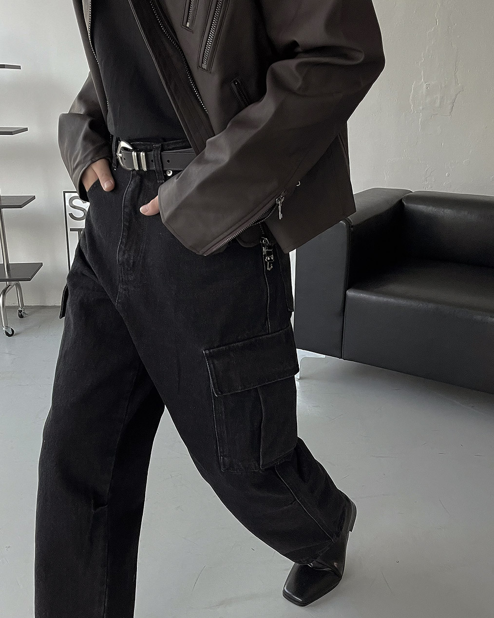 언록 블랙 데님 카고 팬츠