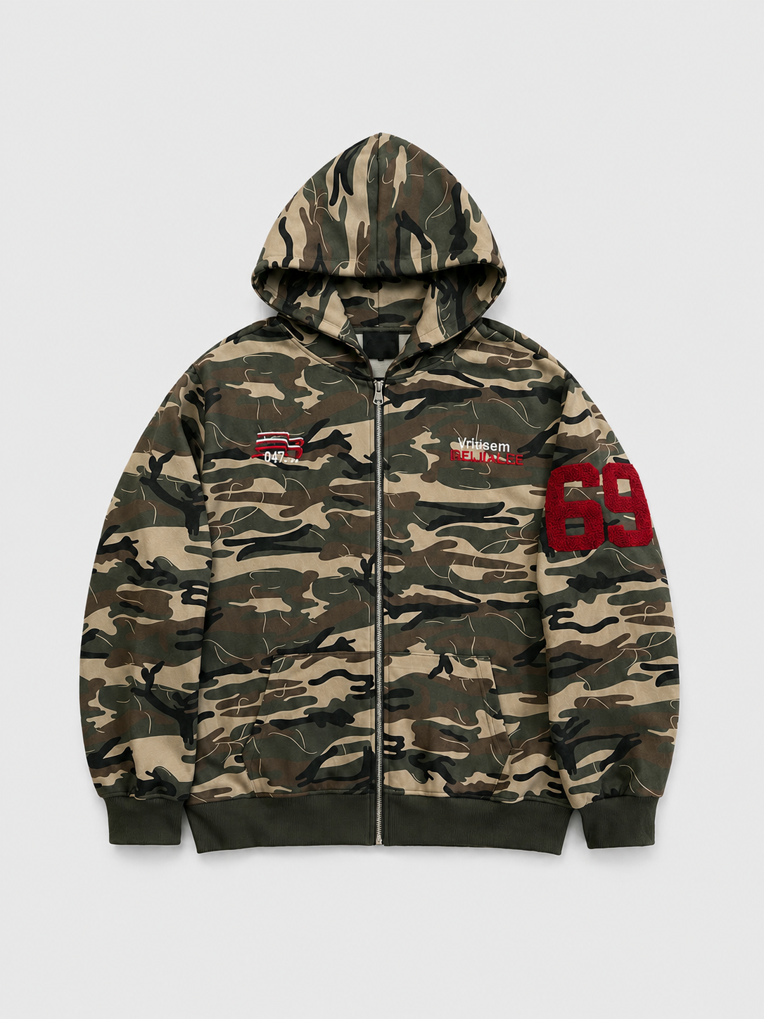 [Unisex] no.69 오버핏 카모 후드 집업