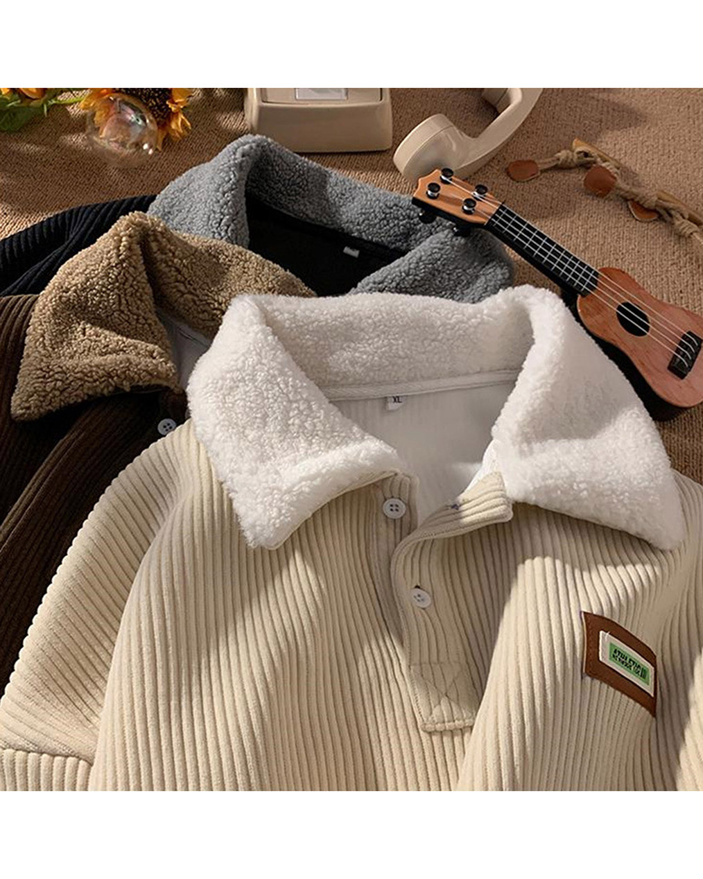 커플 코듀로이 양털 카라 맨투맨