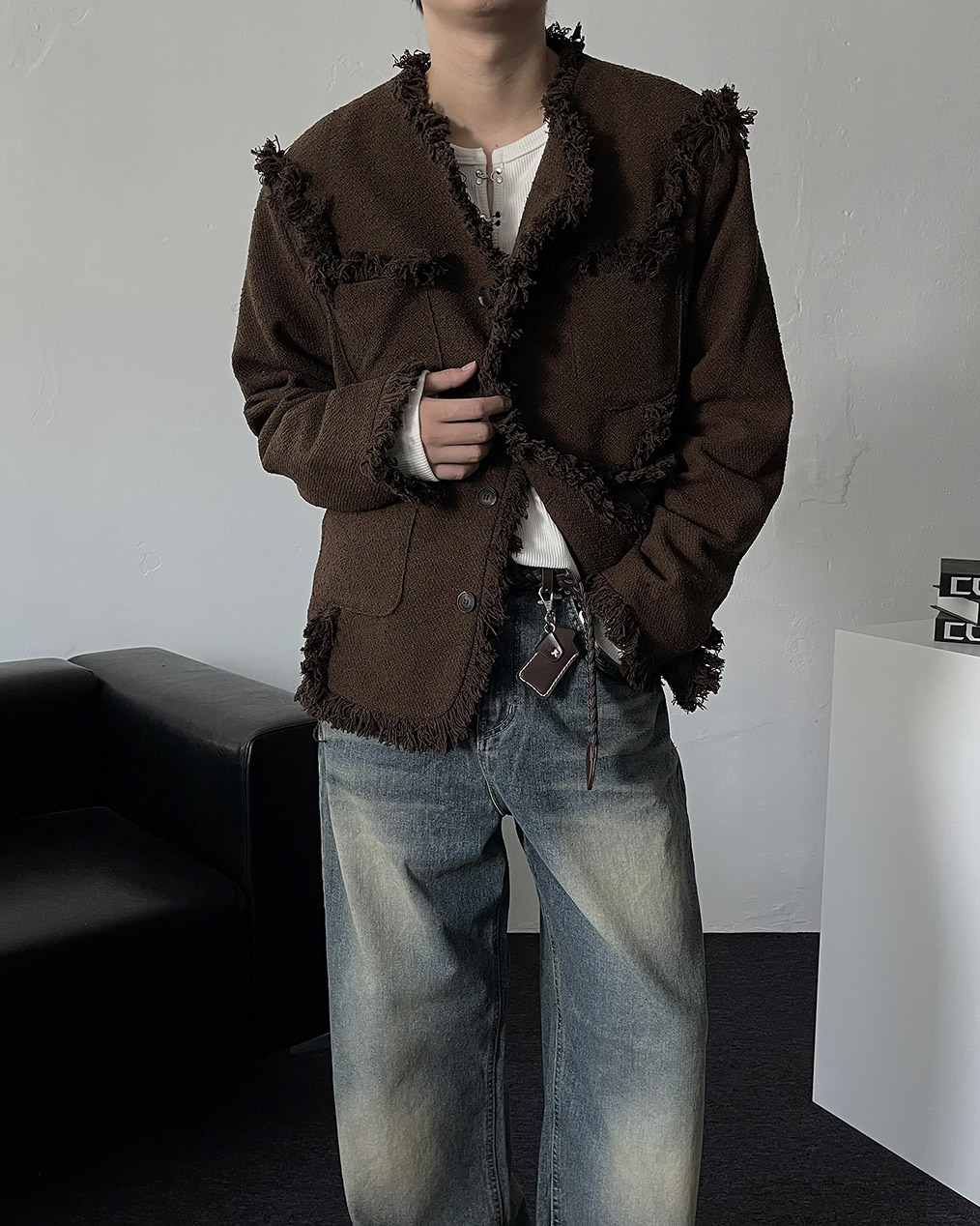 남자 노카라 수술트위드 자켓