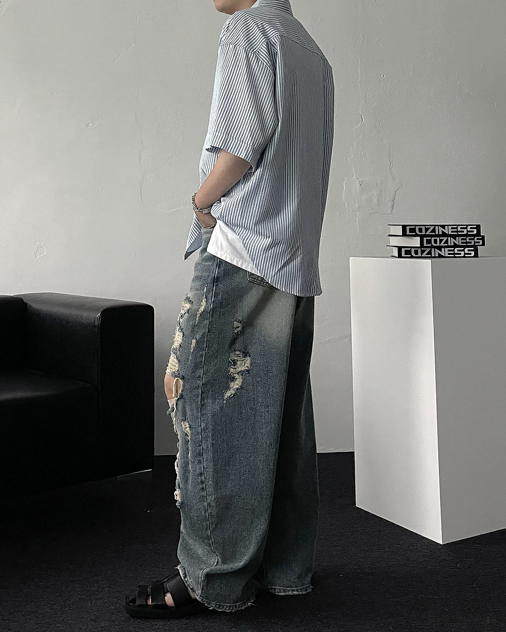 남자 스트라이프 오버핏 반팔 셔츠