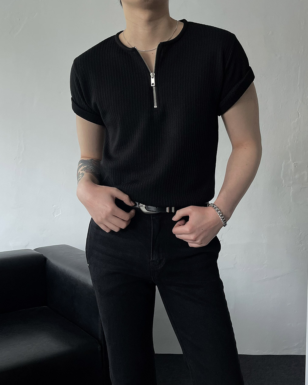 남자 골지 반집업 반팔 티셔츠