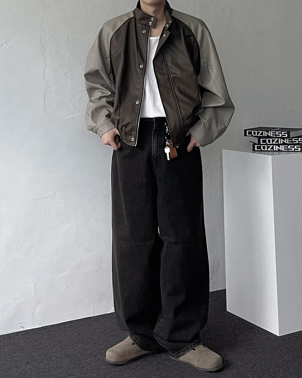 남자 배색 레더 자켓