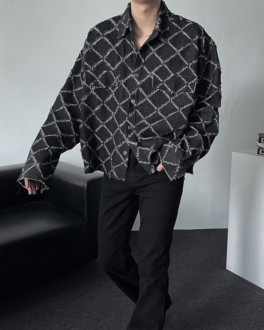 남자 크롭 패턴 데님 셔츠 자켓