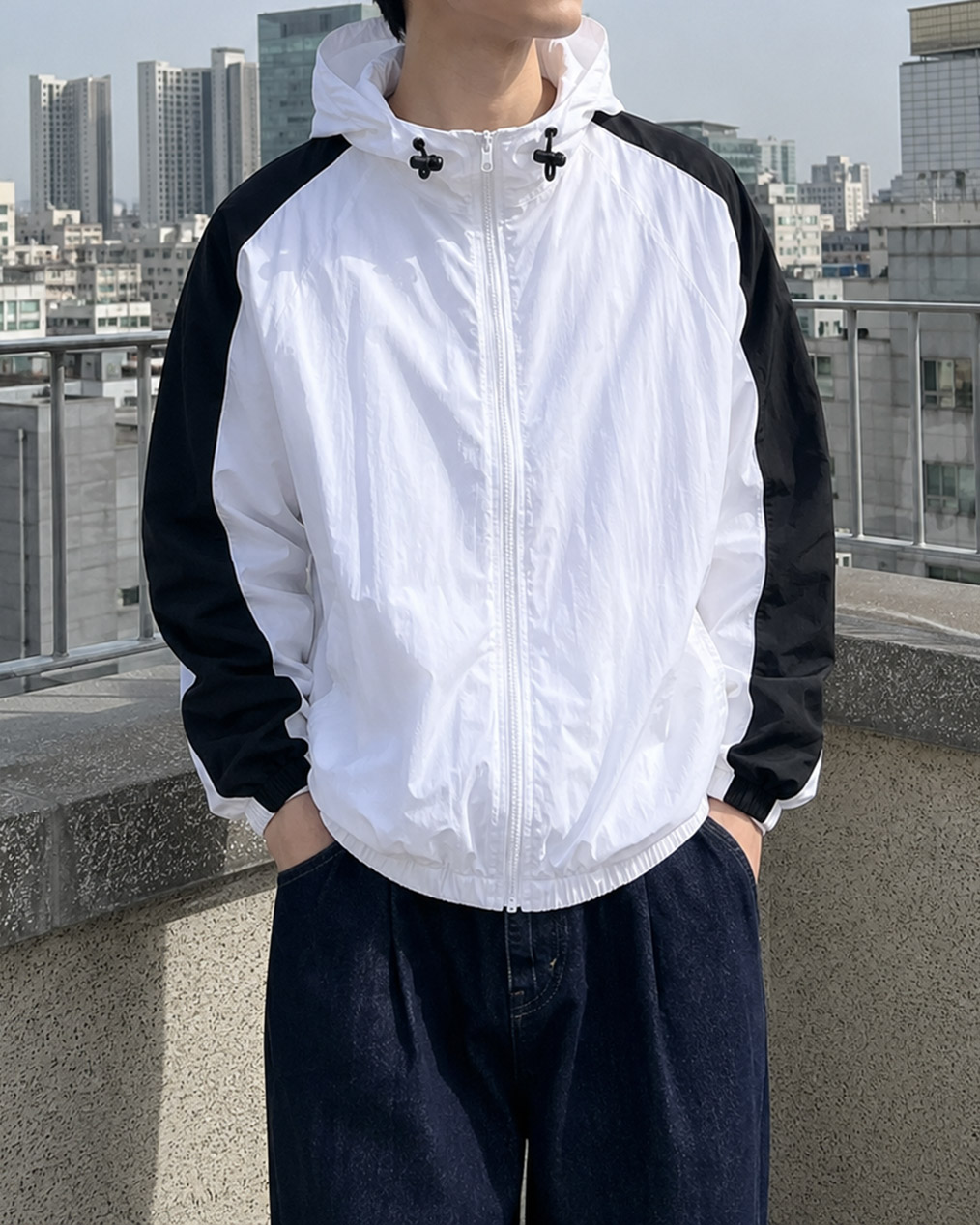 [Unisex] 원라인 후드 배색 바람막이 (2 colors)