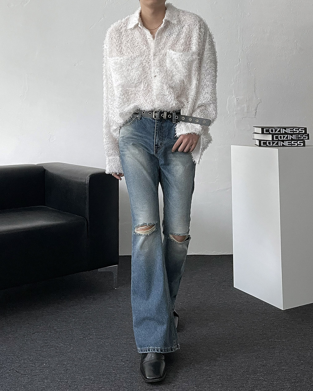 남자 레이어드 오버핏 크롭 긴팔 셔츠