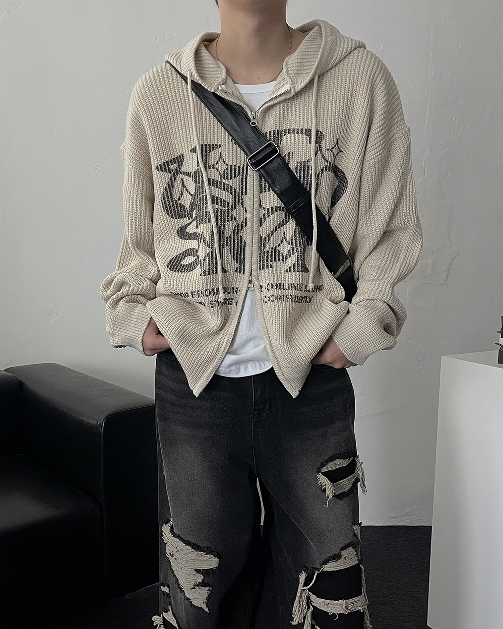 남자 오버핏 투웨이 후드 니트 집업