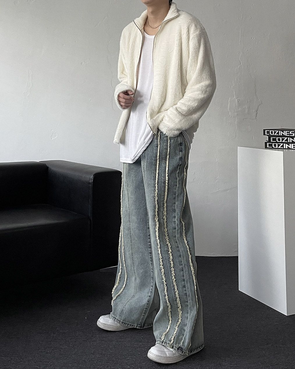 남자 퍼 니트 집업 코디