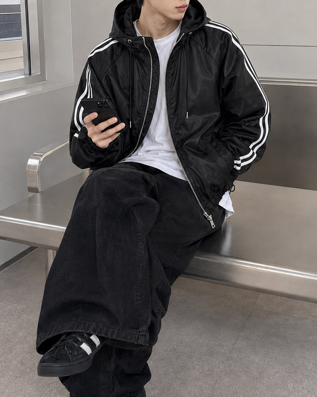 Unisex 투웨이 더블 라인 후드 바람막이 (2 colors)