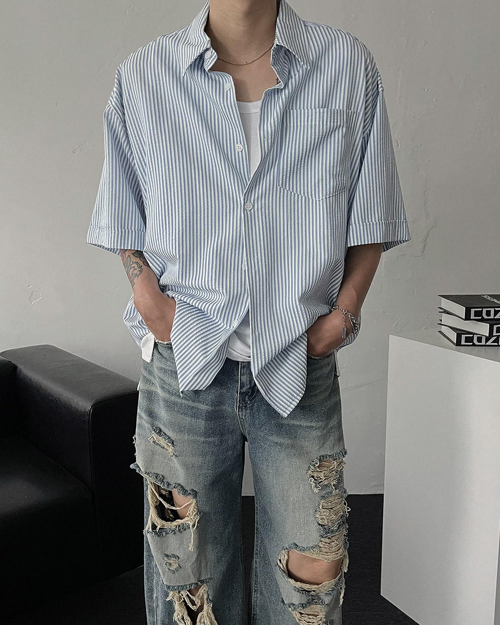 남자 스트라이프 오버핏 반팔 셔츠