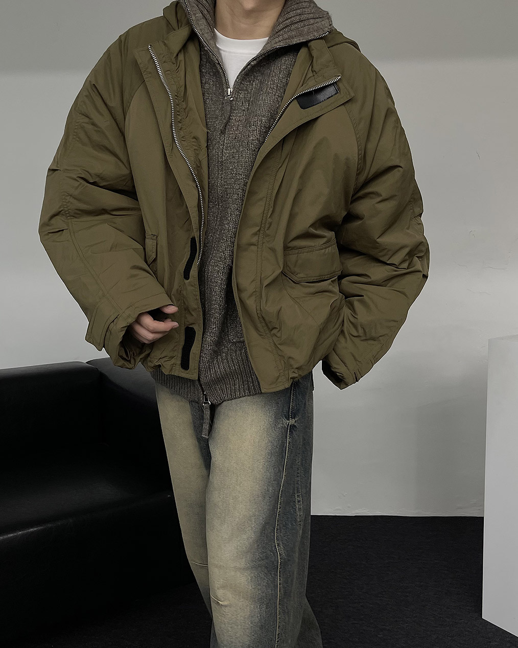 남자 후드 크롭 패딩 점퍼