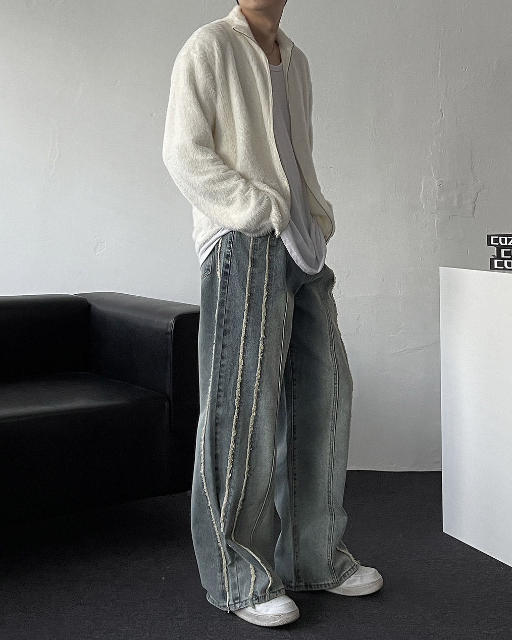 남자 레이어드 퍼 니트 집업