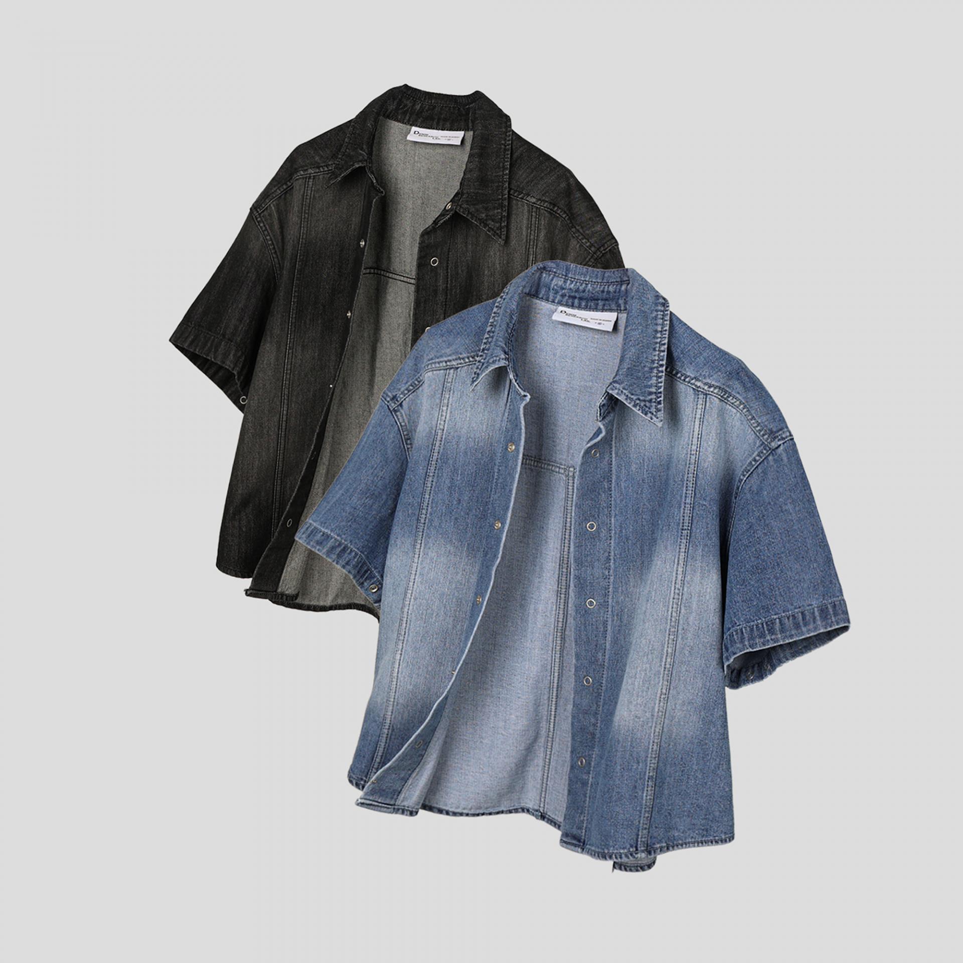 남자 오버핏 크롭 데님 반팔 셔츠