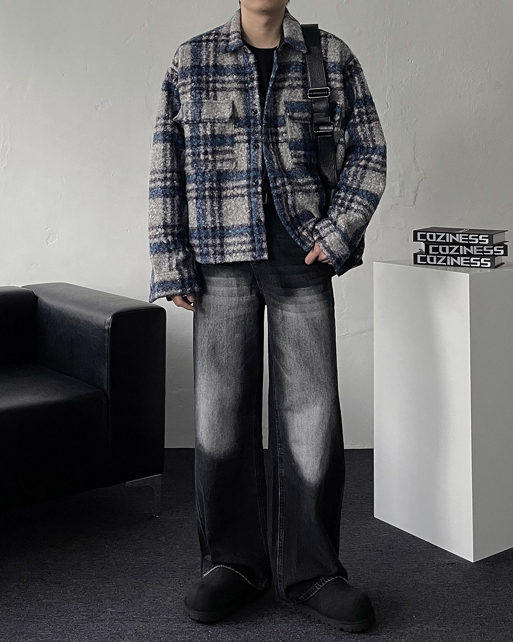 남자 울 체크 크롭 셔츠