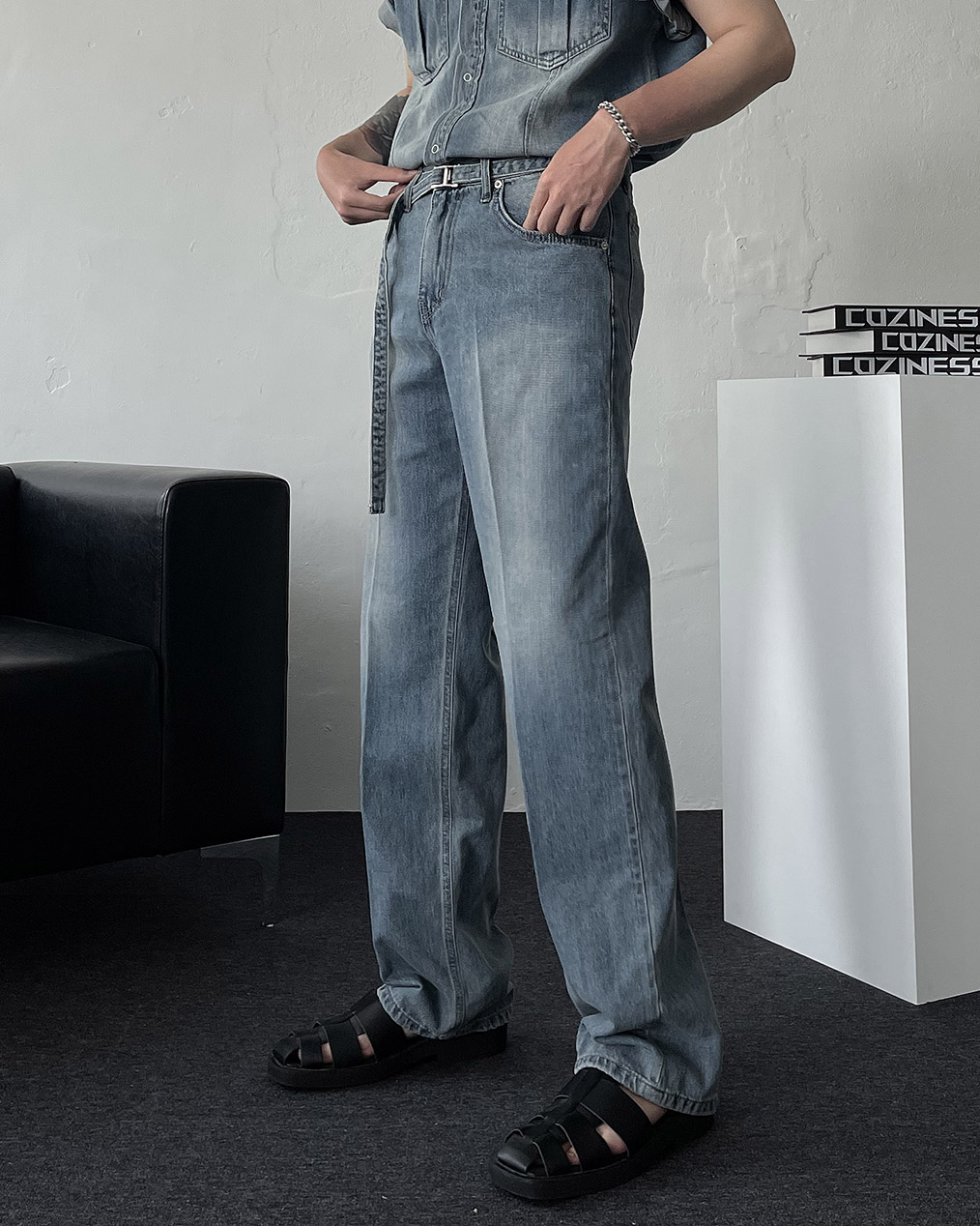 남자 벨트 청바지