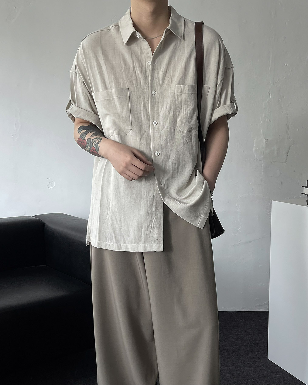 남자 린넨 반팔 셔츠