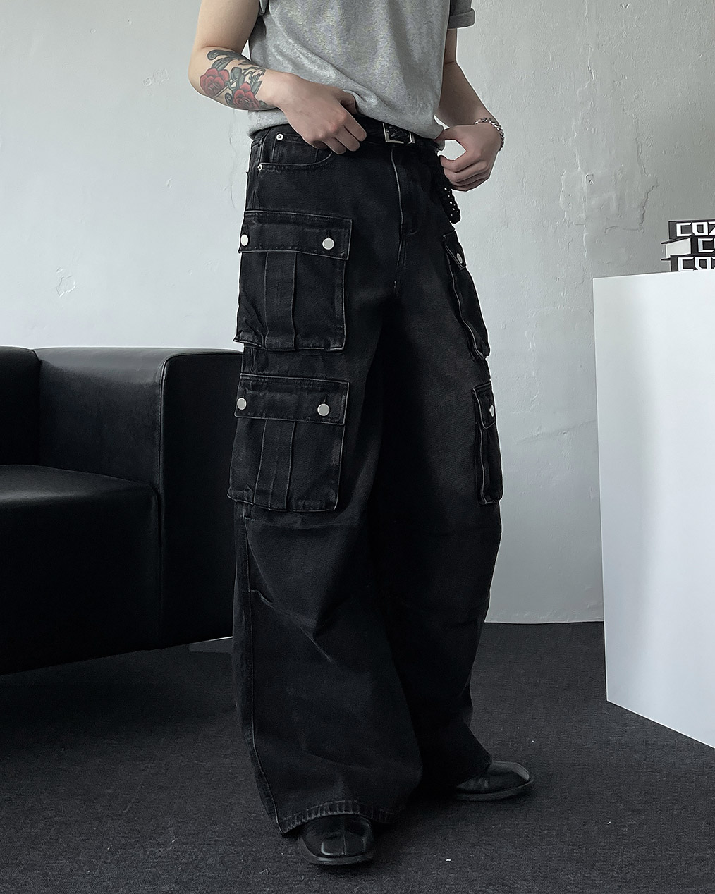 남자 사계절 카고 벌룬 데님 팬츠