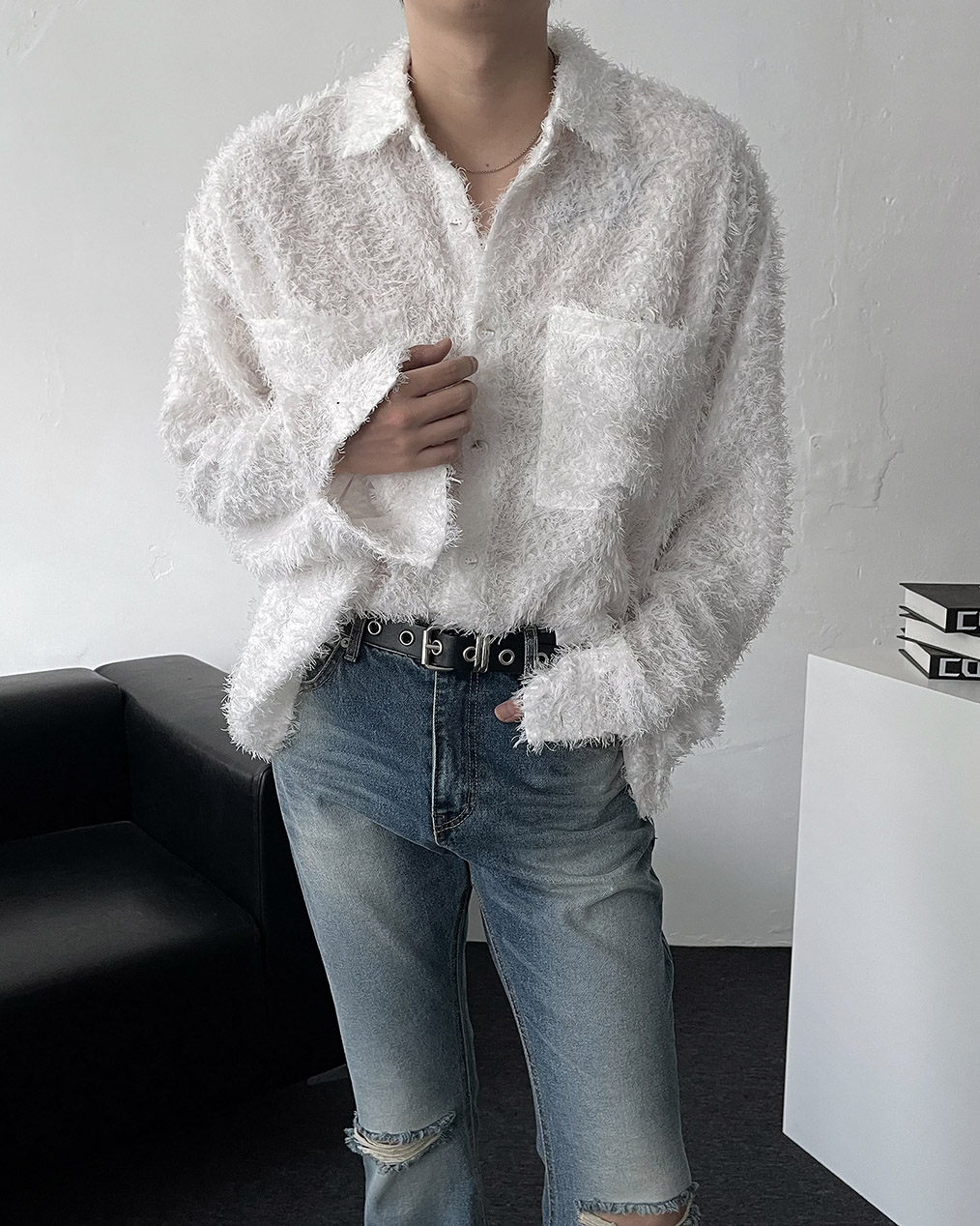 남자 오버핏 모헤어 크롭 셔츠