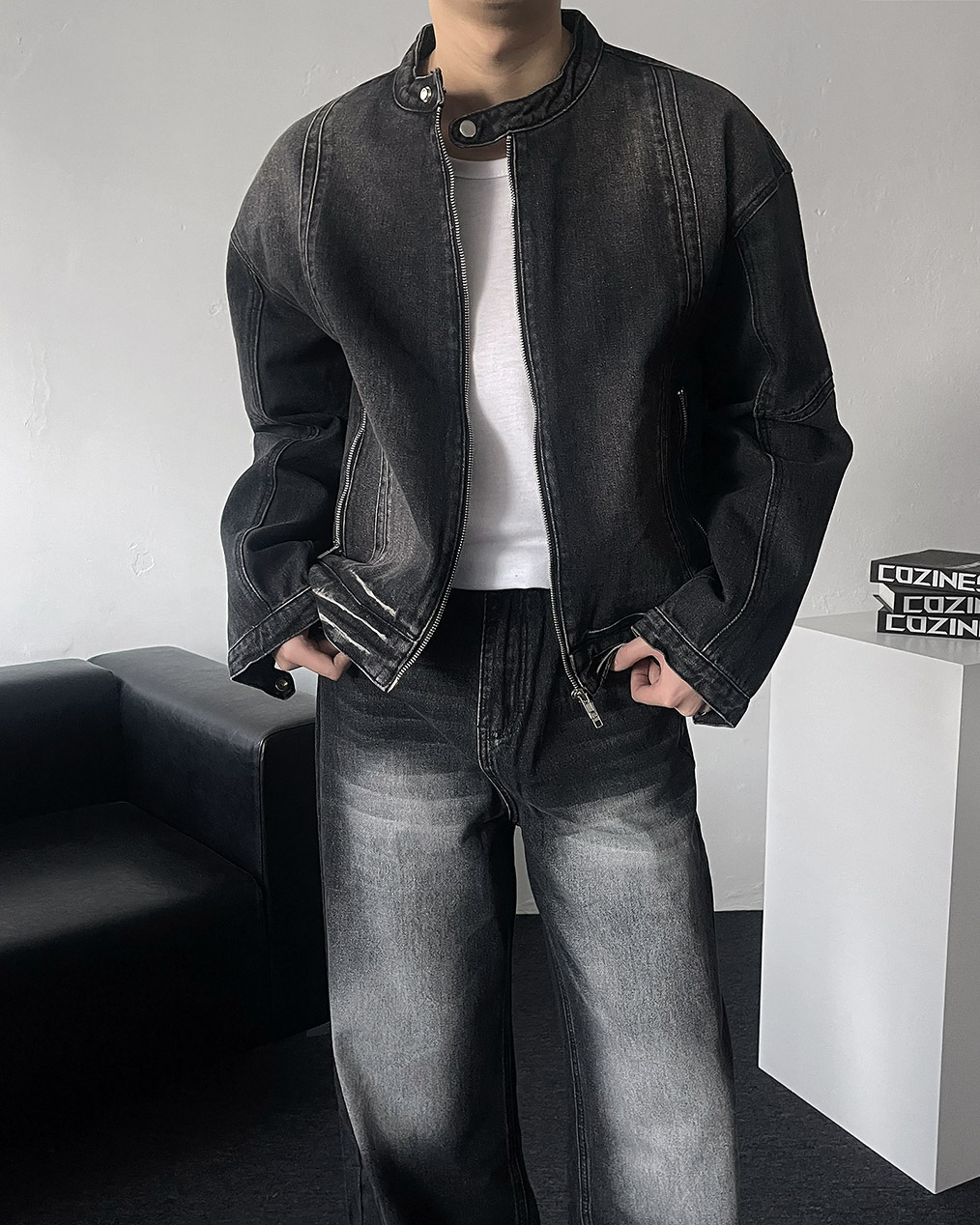 남자 바이커 크롭 데님 자켓