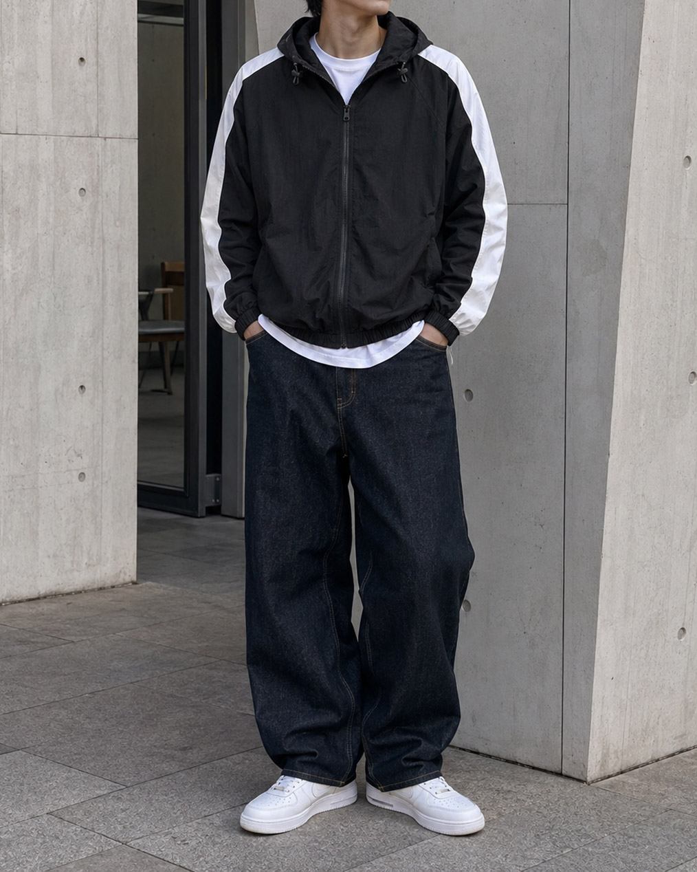 [Unisex] 원라인 후드 배색 바람막이 (2 colors)