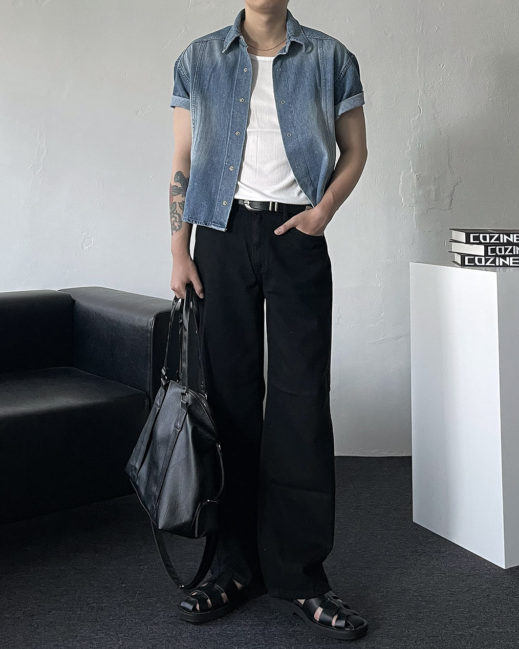 남자 크롭 데님 반팔 셔츠